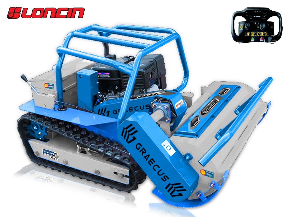 Graecus | Τηλεκατευθυνόμενος καταστροφέας 100εκ χόρτων και κλαδιών με σφυριά, υβριδικός, ερπυστριοφόρος, ραδιοχειριστήριο 150m και Loncin 459cc 18hp RSC100 PRO Hybrid Hammer Loncin